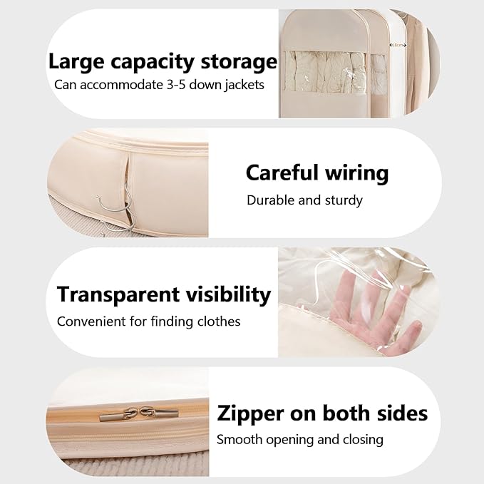 Space Saving Hanging Garment Bag with Self Compression Zipper，Dust Cover Clothes Bags for Down Coat,Dress,Suit，Closet Storage Organizer for Home Travel Use(Beige, XL)
