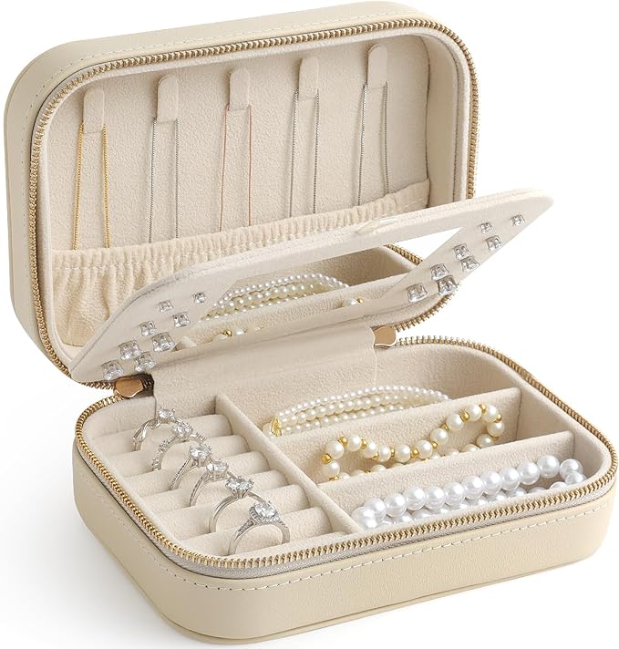 Genuine Leather Travel Jewelry Organizer Case with Mirror for Women, Small Mini Portable Jewelry Box for Ring Earrings Necklace Bracelet Luxury Gift for Womenï¼Beigeï¼