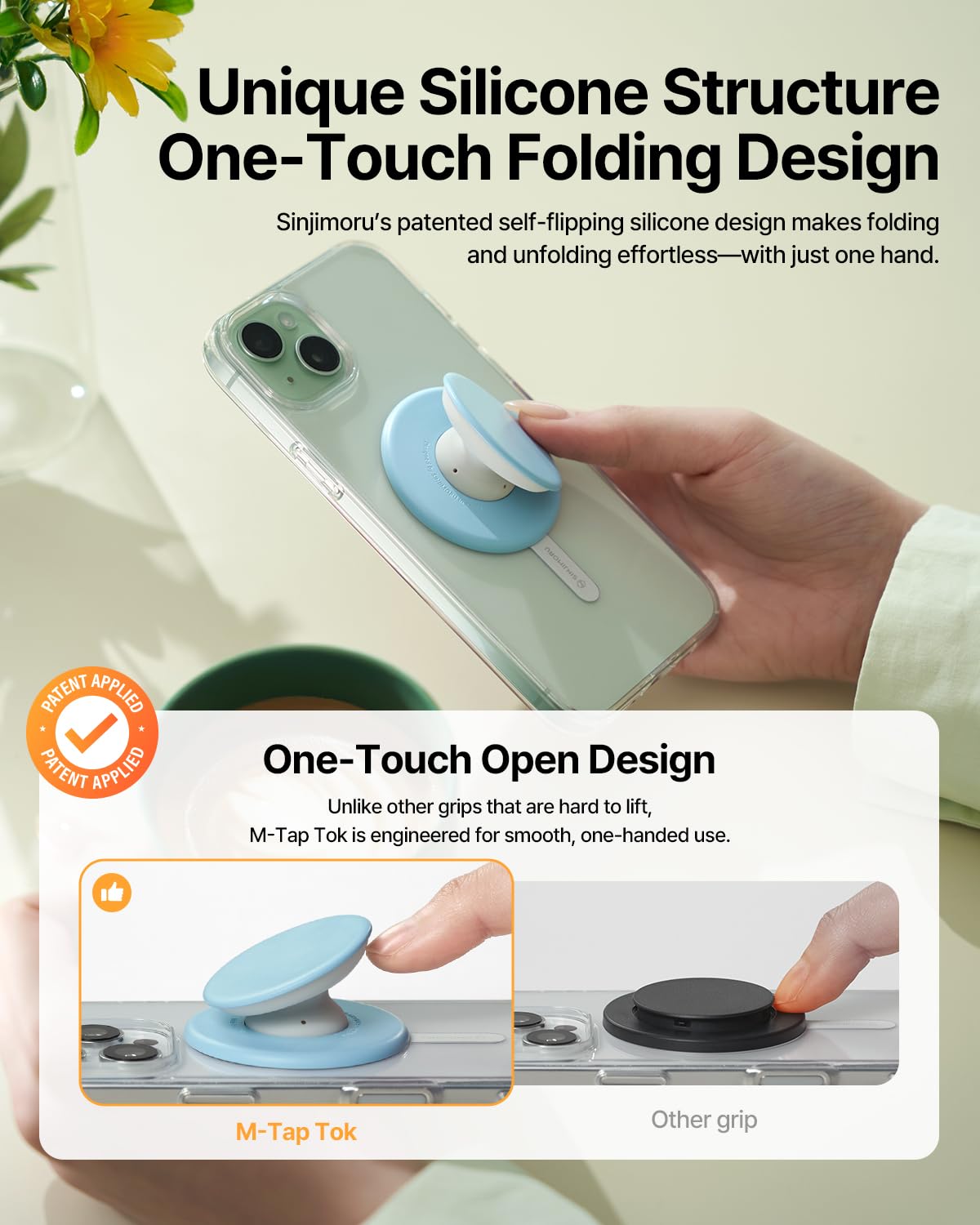 Sinjimoru for MagSafe Phone Grip, Soft Silicone Magnetic Finger Grip for iPhone 16/15/14/13/12, Comfortable One-Touch Holding, M-Tap Tok Black
