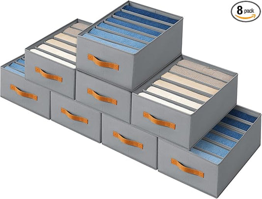 Closet Organizers and Storage - Fabric Clothes Organizer with Handles, Foldable Jeans Organizer for Clothes, Drawer Organizer for Shirts, Bra, Sweater, Scarf, 8 Pack, Grey