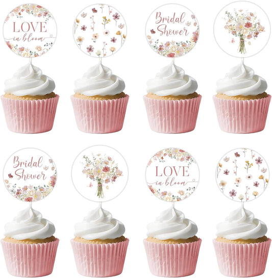 Love in Bloom Bridal Shower Decoration, 36pcs Flower Theme Cupcake Topper Double-Sided Printing 4 Types Pre-Assemble Cake Decoration for Woman Wildflower Theme Bachelorette Supplies