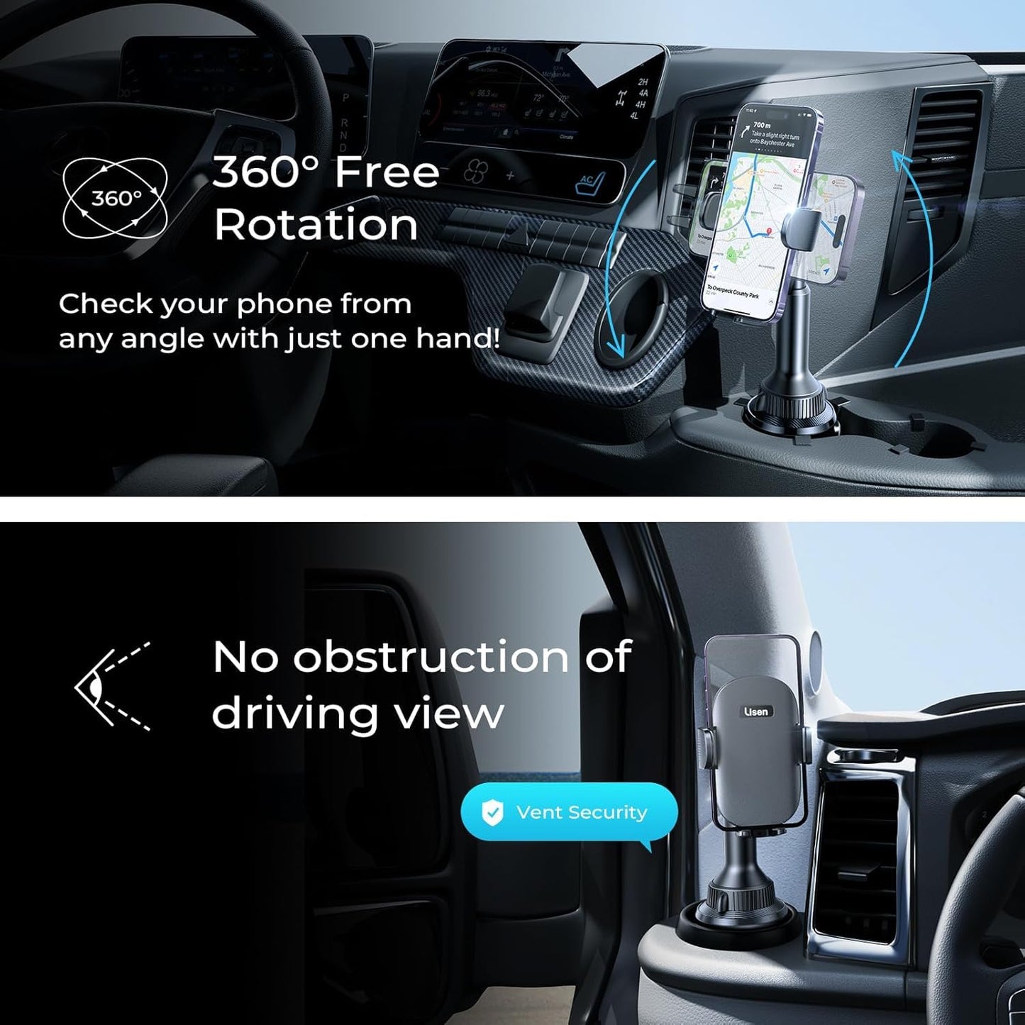 LISEN Cup Phone Holder No Shaking Phone Holder for Car, 360° Adjustable iPhone Holder for Car Accessories for Women Truck Jeep Golf for iPhone 16e 16 15 14 13 Pro Max Samsung S25 All 4-17'' Phone