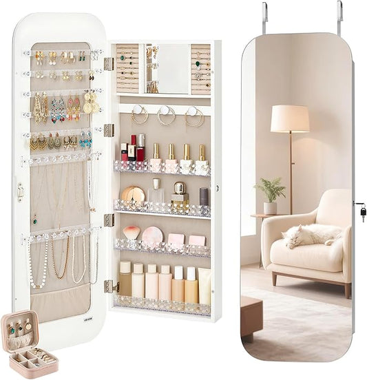 VEVOR Mirror Jewelry Cabinet, 42.5-inch Tall, Full-Length Mirror with Storage, Wall Mount/Over the Door Jewelry Armoire Organizer, Rounded Design, Lockable with 2 Keys and a Travel Organizer, White