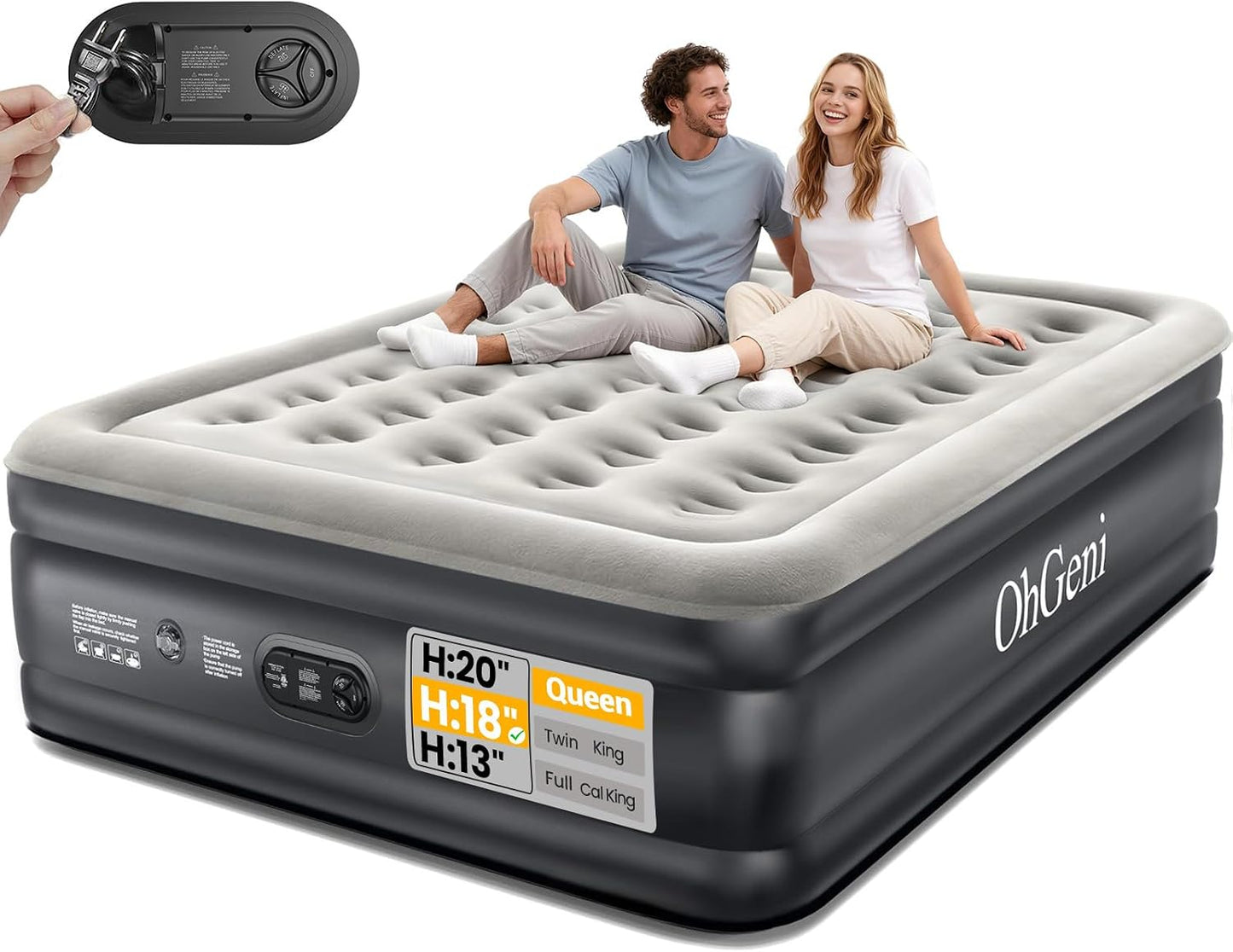 OhGeni Air Mattress Queen with Built in Pump, 18" Raised Inflatable Blow Up Mattress, Upgraded Surface Portable Bed for Home, Camping, Colchone Inflable, Ideal Alternative to a Bed, 1-Pack Only