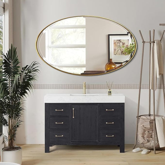 POZINO Brushed Gold Beveled Mirror, 28"x48" Large Brass Oval Mirrors, Bathroom Mirror for Over Sink, Modern Rounded Vanity Wall Mirrors in Premium Stainless Steel Frame, Hangs Horizontal Or Vertical