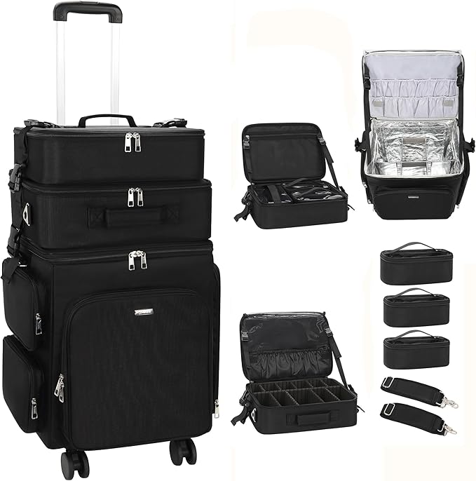 Relavel Rolling Makeup Case, 3 in 1 Hairstylist Traveling Bag Cosmetology Case on Wheels Large Hair Tools Cosmetics Train Case Makeup Artist Storage Organizer Trolley Suitcase with 360Â° Swivel Wheels