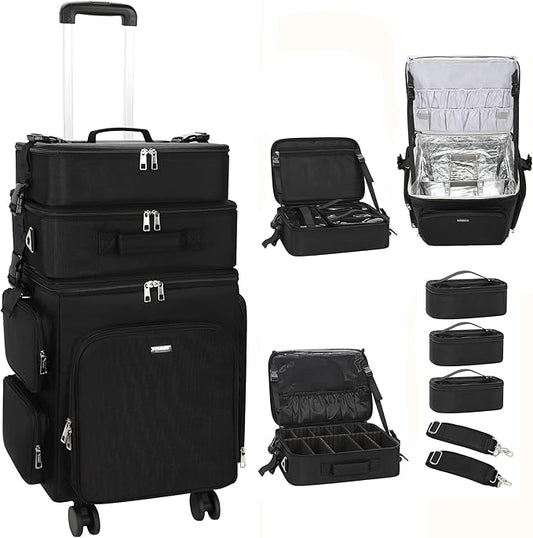 Relavel Rolling Makeup Case, 3 in 1 Hairstylist Traveling Bag Cosmetology Case on Wheels Large Hair Tools Cosmetics Train Case Makeup Artist Storage Organizer Trolley Suitcase with 360Â° Swivel Wheels