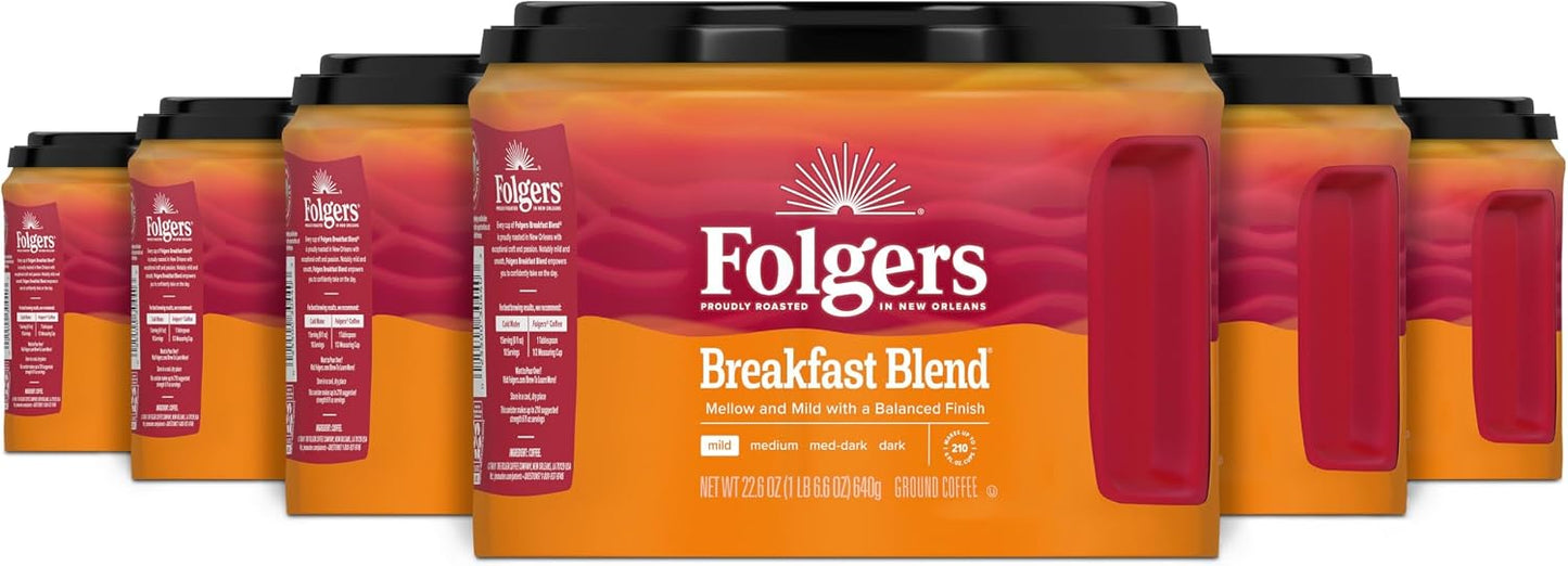 Folgers Breakfast Blend Ground Coffee, Mild Roast, 22.6 Oz. Canister (Pack of 6)