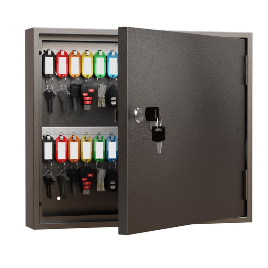 WeHere 60 Key Lock Box, Wall Mounted Key Cabinet with Magnetic Closure Door & Key Tags, Steel Lockable Key Organizer for School, Rental, Garage & Office