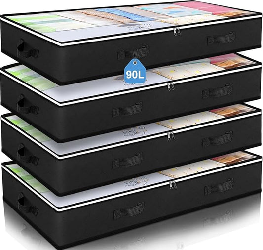 Budding Joy 90L Under Bed Storage Containers, Closet Organizers and Storage Bins, Foldable Underbed Storage Bags for Blankets, Towels, Comforter, Sweaters, Pillows, Linen Sheets, Wrapping Paperï¼Black