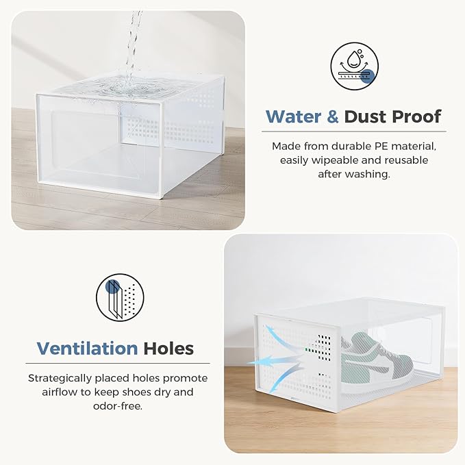 DUMOS Clear Shoe Storage Boxes, 12-Pack Plastic Stackable Shoe Containers with Lids, Display Sneaker Case Organizer for Closet, Under Bed, Entryway,White (Fit Size 9)