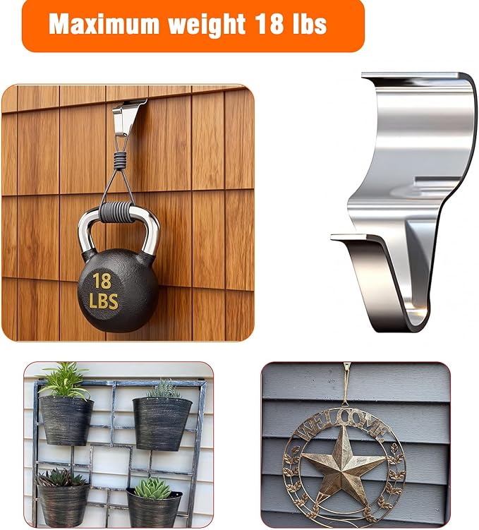 14 Pcs Vinyl Siding Hooks, Stainless Steel No-Hole Hangers for Hanging Wreaths & Outdoor Decor, Low Profile Siding Clips, Easy Installation, No Tools Needed (14, Sliver)