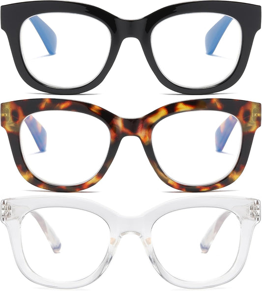 Oversized Reading Glasses for Women,3 Pack Blue Light Blocking Computer Spring hinge Readers