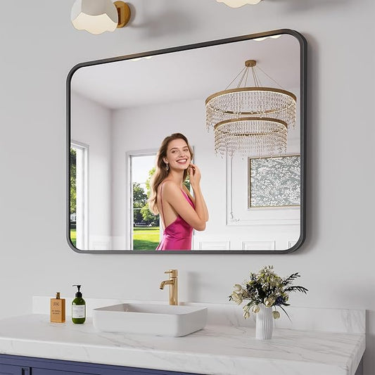 Koonmi Bathroom Mirror, 40X32 Brushed Black Metal Framed Wall-Mounted Mirror for Over Sink, HD Tempered Glass, Anti-Rust, Rounded Rectangle Mirror for Restroom, Bedroom, Hangs Horizontal or Vertical