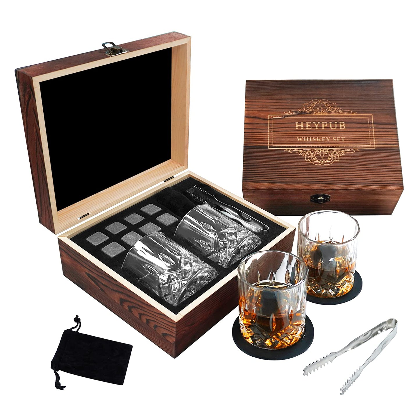 HEYPUB Whiskey Stones Gift Set,Whiskey Glasses Set 8 Granite Chilling Whisky Rocks, 2 Bourbon Glasses,Best Drinking Gifts for Men Dad Husband Birthday Anniversary Presentï¼Plus 2 Free Coasters.