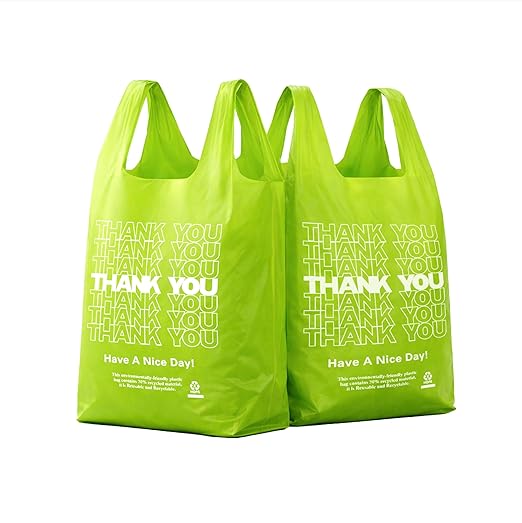 Green Thank you bags, 200PCS T shirt bags, To Go Bags,Grocery bags, Reusable and Disposable,Perfect for Small Business,Take Out,Retail, Large