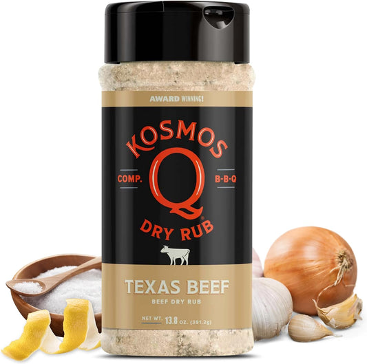 Kosmos Q Texas Beef Dry Rub, Steak Seasoning with Garlic, Onion, Lemon & Savory Spices for Steak, Beef Ribs, Brisket, Burgers, Chuck Roast, Dry Rub for Smoking & Grilling Meat, 13.8 Oz Shaker Bottle