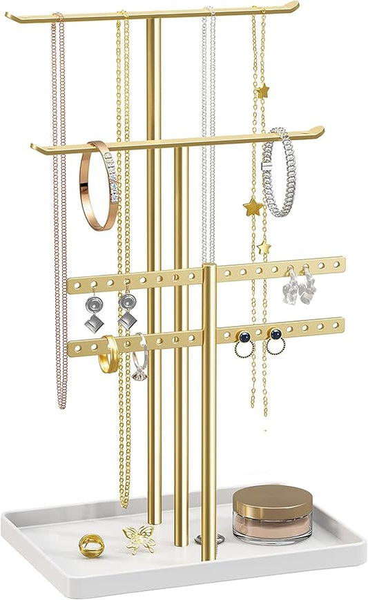 pickpiff Jewelry Stand Holder Organizer: 14.5" Sturdy Hanger for 80 Pcs Jewelry, Gift for Women, Gold Jewlery Tower for Necklace, Earring, Bracelet