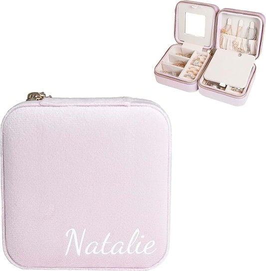 Customizable Compact Velvet Jewelry Box with Mirror, Travel Jewelry Case, Travel Jewelry Organizer, Jewelry Box for Women and Girls, Small Jewelry Organizer (Bottom Right Text, Lavender Pink)