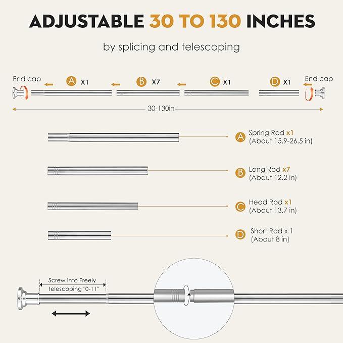 Silver Long Curtain Rod Tension Shower Curtain Rods 30 to 130 inch Adjustable Heavy Duty Rods for Bathroom Windows Outdoor Spliced Telescopic Design No Drill No Slip Stainless Steel