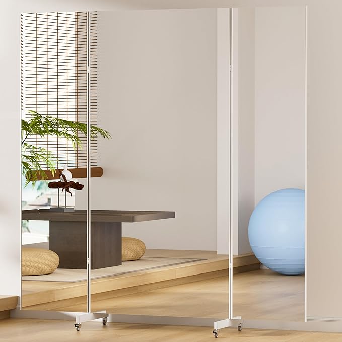 Brisafe 81" x 95" Extra Large Full Length Tri-Fold Mirror on Wheels, Stand Up Movable Floor Mirror with Stand, 3-Way Folding Standing Mirror for Gym, Dance Studio, Fitness Room & Home, Black