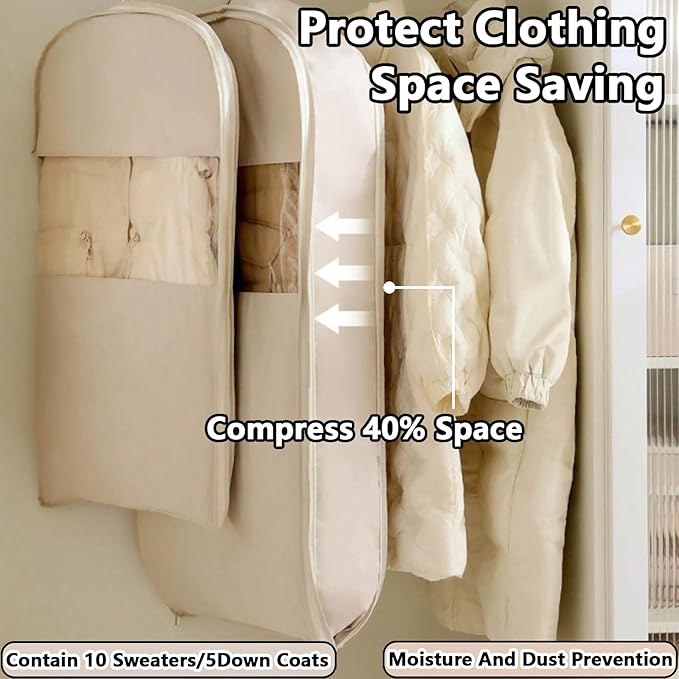 Space Saving Hanging Garment Bag with Self Compression Zipper，Dust Cover Clothes Bags for Down Coat,Dress,Suit，Closet Storage Organizer for Home Travel Use(Pink, M+L+XL)