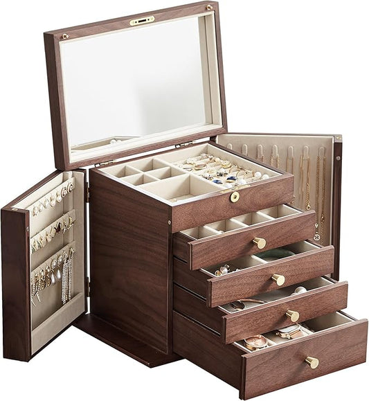 CHOSIN Black Walnut Wooden Jewelry Box for Women with Mirror, 5 Drawers and 2 Side Doors for Watches, Necklaces, Rings, Earrings Storage Valentine's Day Gift