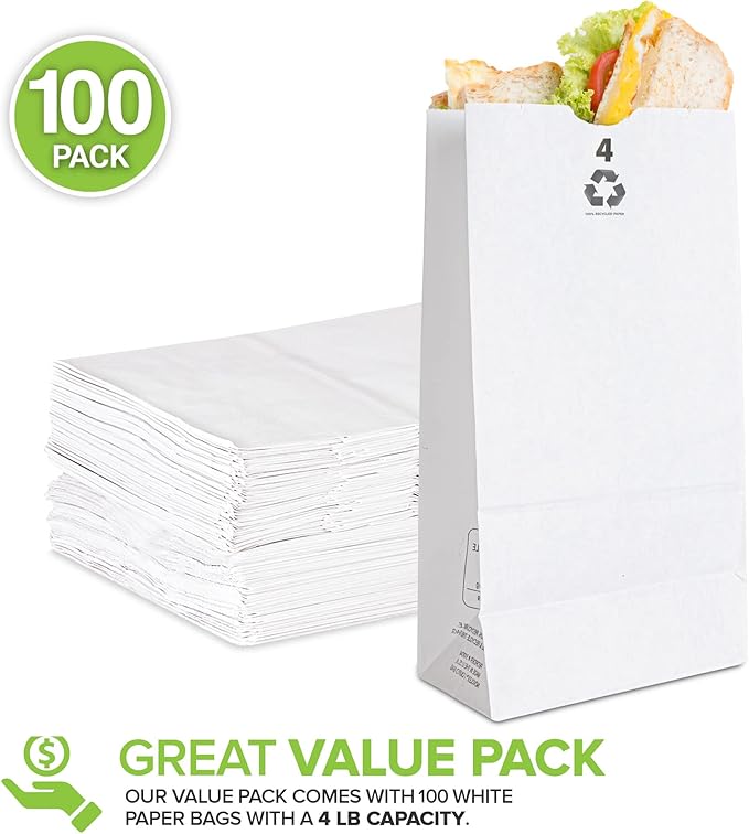 4 Lb Kraft White Paper Bags Lunch (100 Count) - Bulk Disposable Lunch Sacks, Small Size Blank Bag for Kids, Good for a Snack, Sandwich, Grocery Food, and Arts & Crafts Projects, Stock Your Home