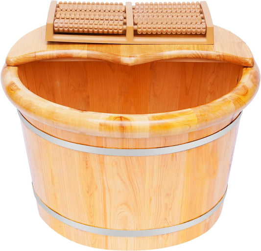 Wooden Foot Soaking Tub with Massage Rollers & Cover Plate Portable Foot Bath Basin Home Pedicure Spa Bucket Relaxing Foot Care Tool for Household Feet Soaking and Daily Relaxation