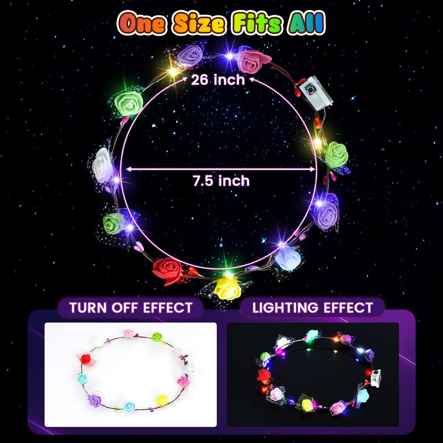 LovesTown 24PCS LED Flower Crowns Headbands, Light up Flower Crowns for Women Glow in the Dark Party Supplies for Halloween Christmas Party Wedding Birthday Mardi Gras Cosplay Gifts