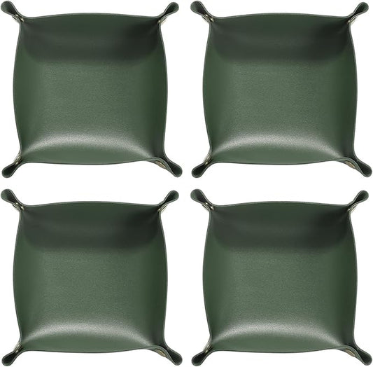 HARFINGTON 4pcs PU Leather Valet Tray Unisex Folding Small Catchall Tray Portable Entryway Table Tray Nightstand Bedside Desk Tray for Key Wallet Watch Coin Jewelry Dice, Green