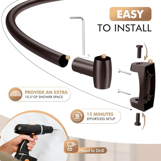 Bonpally Curved Shower Curtain Rod for Bathroom, 40-72 Inches Adjustable Curved Shower Rod, 0.9MM Aluminum Shower Curtain Rod with Rotating Brackets for Extra Shower Space, Need to Drill, Bronze