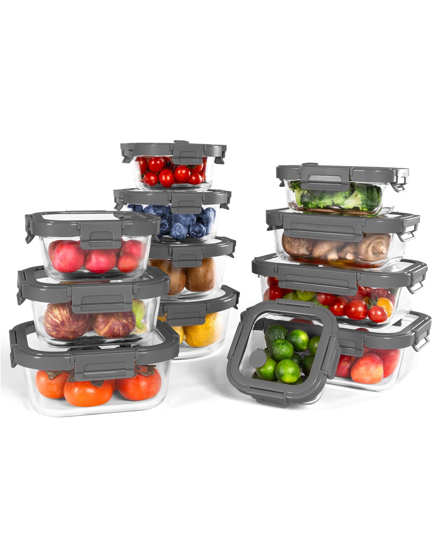 BOROHOUSE 12-Pack Glass Containers with Tempered Lids – Borosilicate, Oven-Safe(-4°F~950°F), Airtight, BPA-Free, Multi-Size for Meal Prep, Dishwasher Safe (Gray)