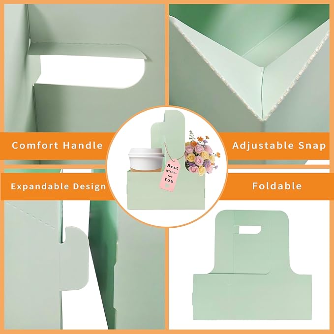 2 Cup Drink Carrier,8 Pack Coffee Cup Holders with Handle,Cardboard Cup Holders for Hot or Cold Drinks,Coffee Carrier with Ribbon and Card,Food Delivery Services and Bouquet(Green)