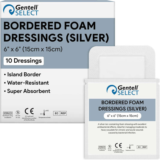 Bordered Foam Silver Dressings for Wound Care 6"x6" - 10 Ag Foam Dressings for Moderate to Heavy Wound Exudate - Highly Absorbent and Water Resistant