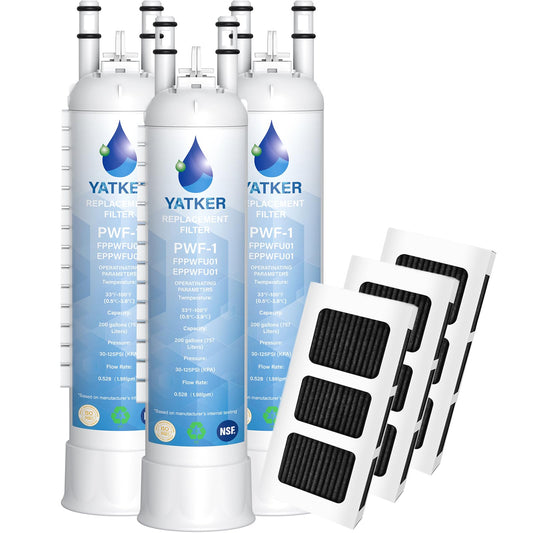 Yatker FPPWFU01 Water Filter Replacement for Frigidaire FPPWFU01 Water Filter, Compatible with PurePour PWF-1,EPPWF01 PureAdvantage PWF-1 and PureAir Ultra II PAULTRA2 Air Filter Combo（3+3）