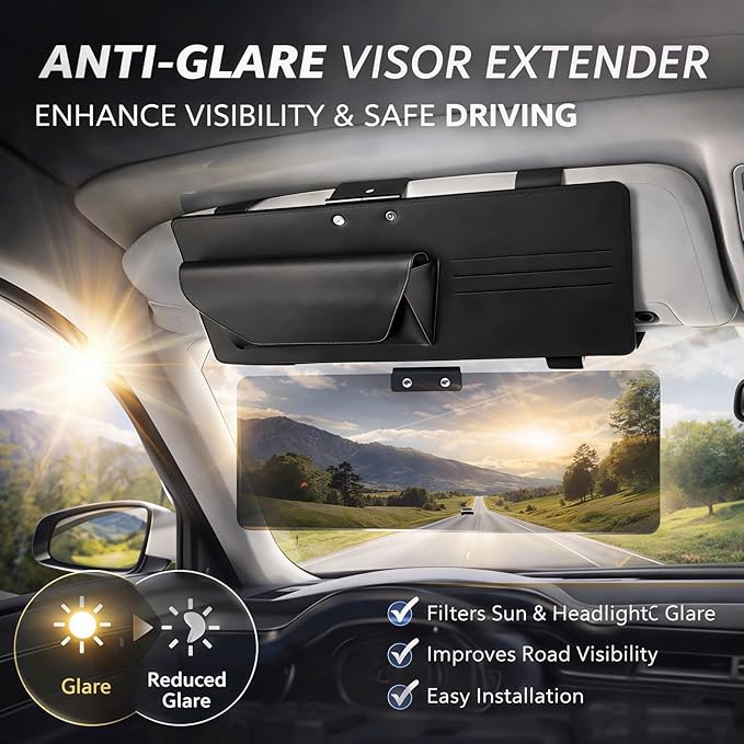 Anti-Glare Sun Visor for Cars, Suitable for Daytime and Nighttime Driving, Blocks UV Rays and Sunlight, Sun Visor Extender with Transparent Anti-Glare Panel and Storage Function