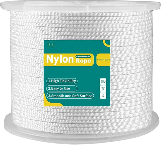 1/8 Inch Nylon Rope 500 Ft Solid Braid High UV and Abrasion Resistance, Multipurpose Tightly Braided Rope, Clothes Line, Flag Line, Marine and Outdoor Twine, Ideal for Indoor and Outdoor Applications