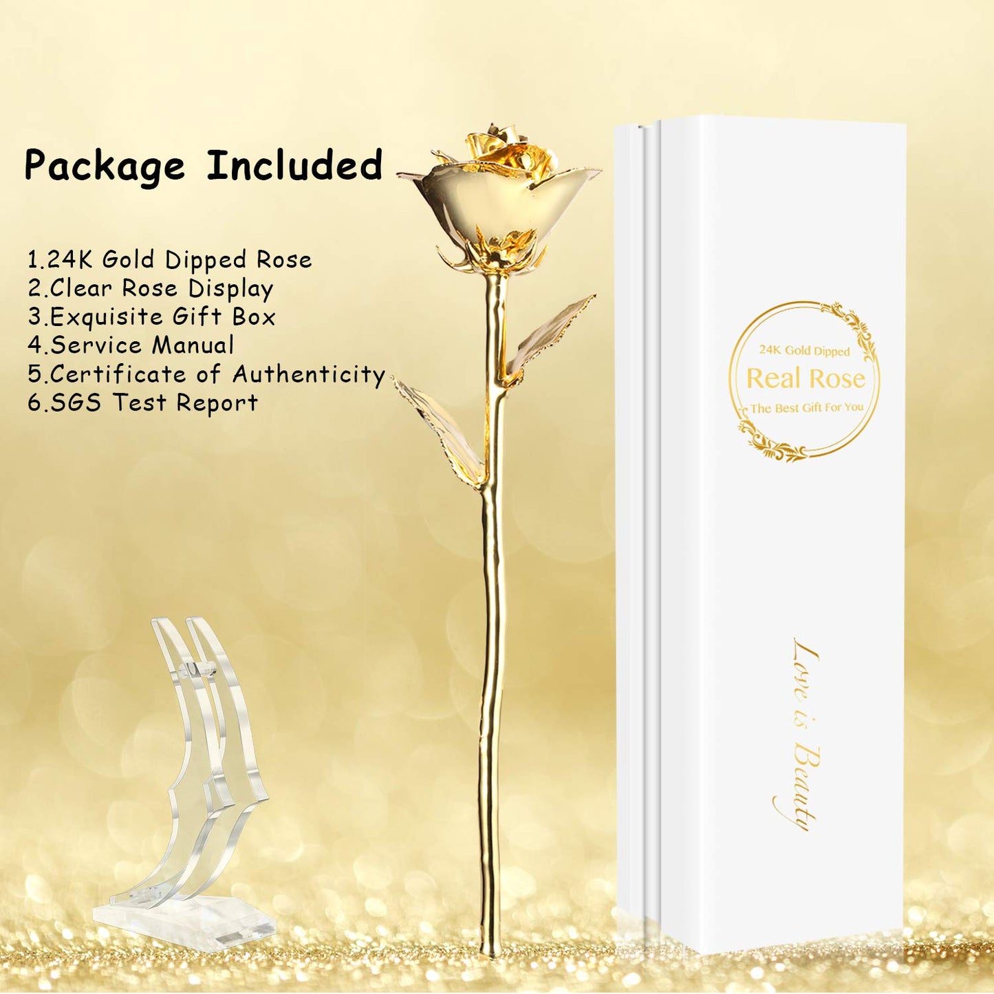 MAXSPT 24K Golden Rose, Gold Dipped Rose Made from Real Rose Best Gifts for her and Great Gifts for My Wife, Golden with Stand