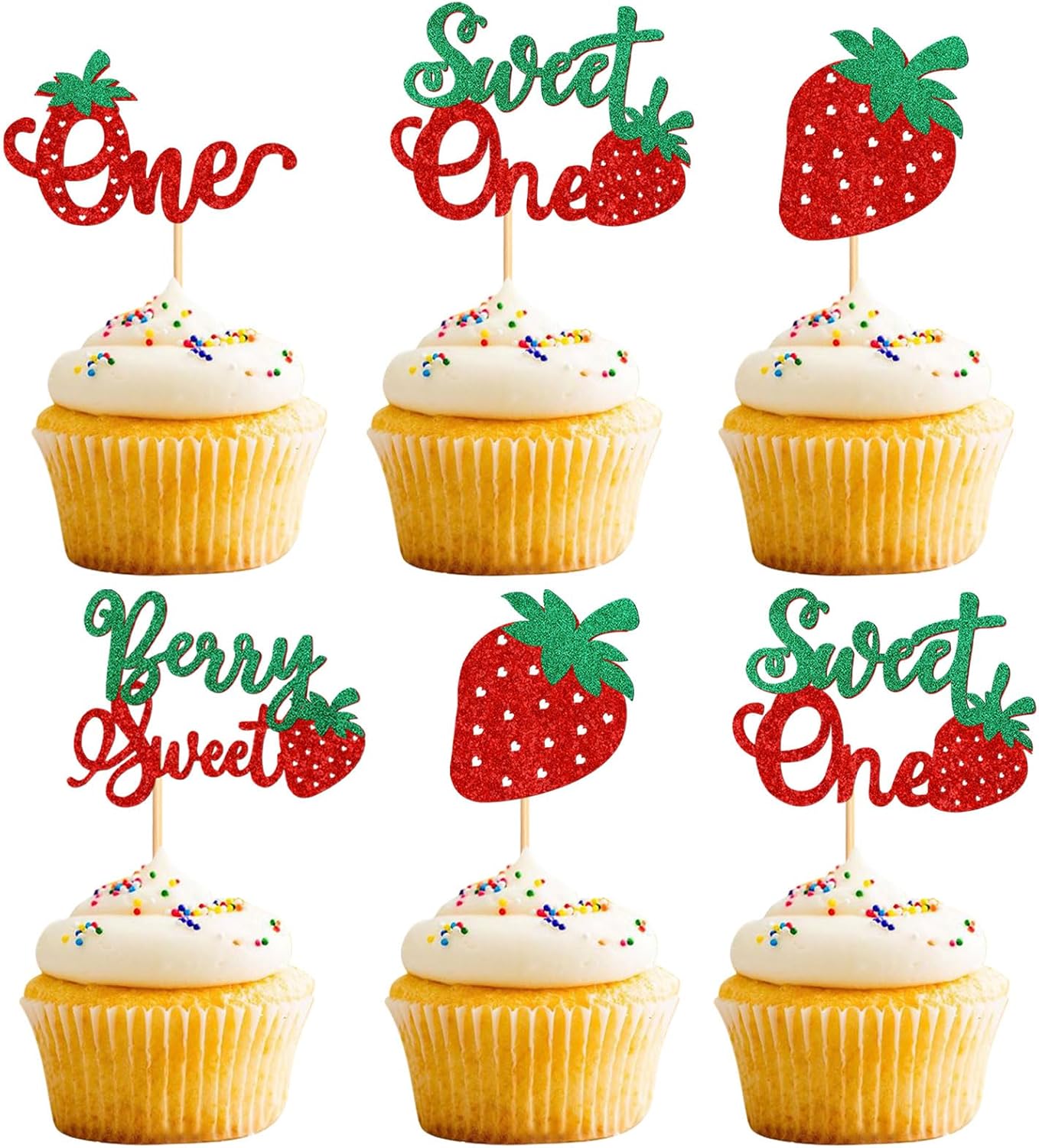 24 Pack Strawberry One Cupcake Toppers Strawberry Sweet One Cupcake Picks for Birthday Wedding Party Baby Shower Summer Garden Party Decoration Supplies Green