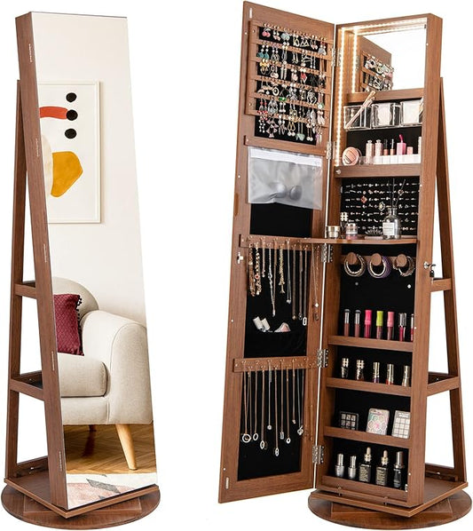 GOFLAME 360Â° Rotating Jewelry Cabinet with Full-Length Mirror, Freestanding Jewelry Armoire with 3-Color LED Light and Back Storage Shelf, Lockable Jewelry Organizer for Bedroom Cloakroom, Walnut