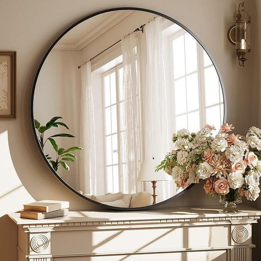 42 Inch Round Black Metal Wall Mirror - Stylish Circle Mirror for Entryway, Bathroom, and Living Room Decor | Matte Black Circle Wall Mirror
