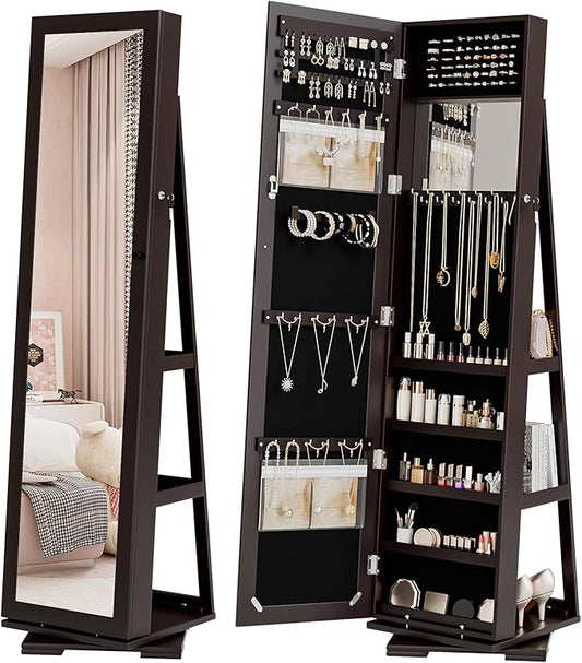 Bonnlo 360Â° Swivel Jewelry Mirror Cabinet with Inside Makeup Mirror,Full Length Mirror with Jewelry Storage, Lockable Standing Jewelry Armoire Organizer, Espejo Oon Almacenamiento for Bedroom,Brown