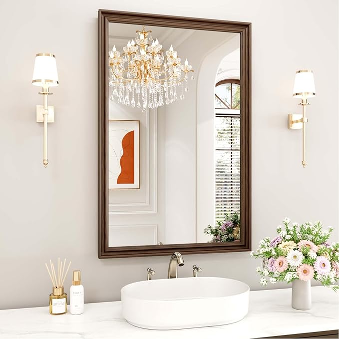 WEER Retro Copper Bathroom Mirror, 24x36 Inch Bronze Oil Rubbed Framed Mirror, Rectangle Classic Vintage Framed Wall Mirror, Farmhouse Vanity Mirror, Tempered Glass, Vertically or Horizontally