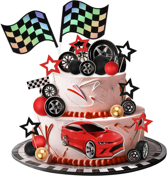 27 Pcs Racing Cake Toppers Race Car Wheel Birthday Cake Decorations Red Racing Car Theme Cupcake Decorations for Men Boys Kids Birthday Party Supplies