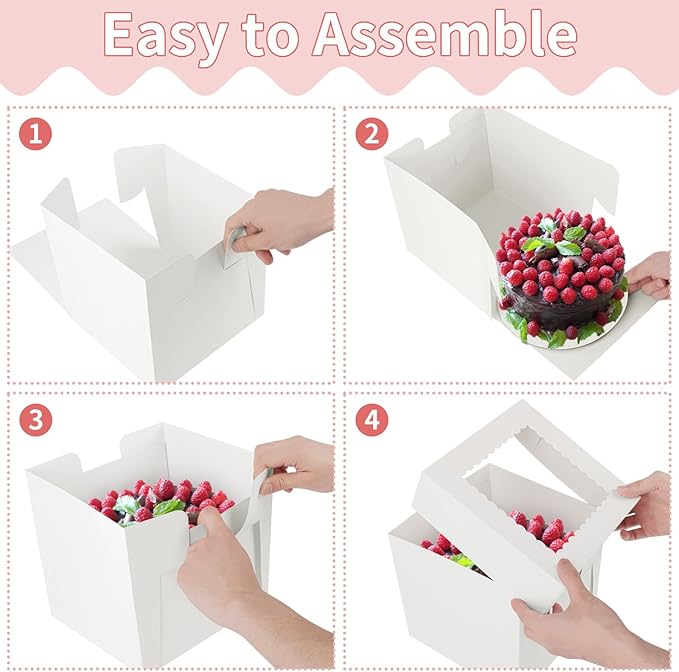 WINKIO 4 Pack Cake Boxes 8 Inch, Disposable Cake Transport Container, White Bakery Boxes with Large Window, for Cookies Pies Cupcakes Pastry (8×8×8 Inches)