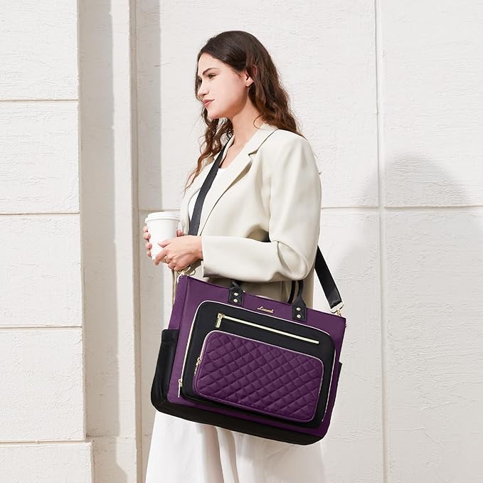 LOVEVOOK Teacher Tote Bag for Women Work, Laptop Bag Work Tote Bag Nurse Bags With Large Cup Holder, Professional Computer Briefcase Business Large Purses Handbag, Diaper Bag Mother Gift, Black-Purple