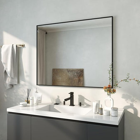 40x32 Inch Black Framed Bathroom Mirror, Matte Black Vanity Mirror Farmhouse, Large Rectangle Wall Mirror, Anti-Rust, Tempered Glass, Shatter-Proof, Easy to Install Vertically/Horizontally