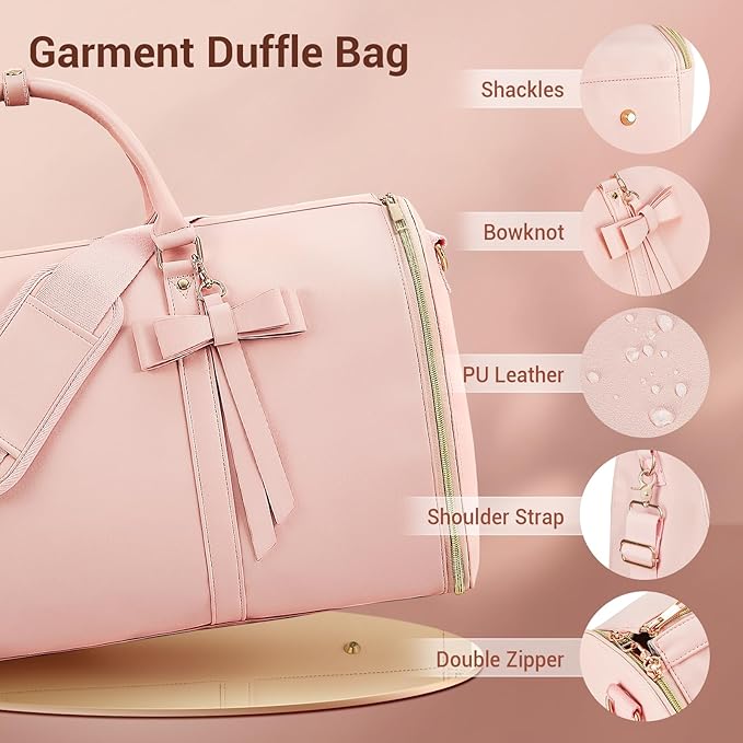 Garment Bags for Travel, Convertible Suit Travel Bag for Women, Stylish Carry On Garment Bag with Toiletry Pocket, Shoulder Strap and Shoes Compartment, 2 in 1 Foldable PU Leather Duffle Bag, Pink