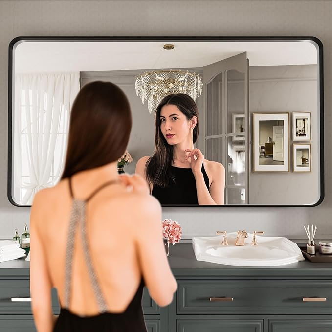 LOAAO 77X36 Inch Black Metal Framed Bathroom Mirror for Wall, Matte Black Bathroom Vanity Mirror Farmhouse, Large Rounded Rectangle Mirror, Anti-Rust, Tempered Glass, Hangs Horizontally or Vertically